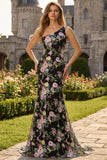 One Shoulder Mermaid Black Floral Prom Dress