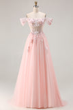 Off The Shoulder Corset A-Line Pink Prom Dress With Sequins