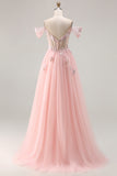 Off The Shoulder Corset A-Line Pink Prom Dress With Sequins
