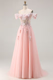 Off The Shoulder Corset A-Line Pink Prom Dress With Sequins