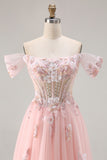 Off The Shoulder Corset A-Line Pink Prom Dress With Sequins