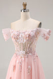 Off The Shoulder Corset A-Line Pink Prom Dress With Sequins