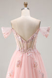 Off The Shoulder Corset A-Line Pink Prom Dress With Sequins