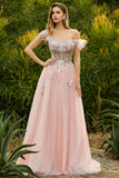 Sparkly Off The Shoulder Corset A-Line Pink Prom Dress
