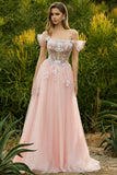 Sparkly Off The Shoulder Corset A-Line Pink Prom Dress