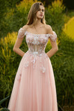 Sparkly Off The Shoulder Corset A-Line Pink Prom Dress