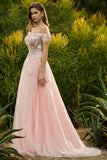 Sparkly Off The Shoulder Corset A-Line Pink Prom Dress