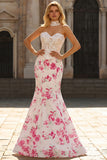 Strapless Mermaid Basque Waist White Fuchsia Floral Prom Dress