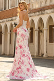 Strapless Mermaid Basque Waist White Fuchsia Floral Prom Dress