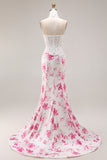 Strapless Mermaid Basque Waist White Fuchsia Floral Prom Dress