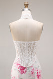 Strapless Mermaid Basque Waist White Fuchsia Floral Prom Dress