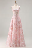 Pink Floral A-Line Corset Maxi Prom Dress With Sequins
