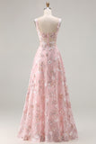 Pink Floral A-Line Corset Maxi Prom Dress With Sequins