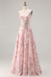 Pink Floral A-Line Corset Maxi Prom Dress With Sequins