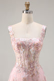 Pink Floral A-Line Corset Maxi Prom Dress With Sequins