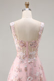 Pink Floral A-Line Corset Maxi Prom Dress With Sequins