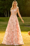 Pink Floral A-Line Corset Appliqued Maxi Prom Dress