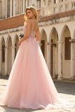 A Line Tulle Corset Blush Appliqued Prom Dress