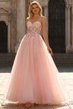 A Line Tulle Corset Blush Appliqued Prom Dress