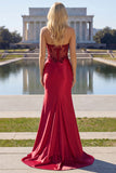 Sparkly Burgundy Strapless Ruched Mermaid Prom Dress