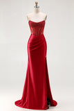 Red Strapless Mermaid Beaded Corset Prom Dress With Slit