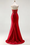 Red Strapless Mermaid Beaded Corset Prom Dress With Slit