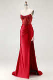 Red Strapless Mermaid Beaded Corset Prom Dress With Slit
