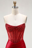 Red Strapless Mermaid Beaded Corset Prom Dress With Slit