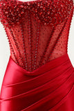 Red Strapless Mermaid Beaded Corset Prom Dress With Slit