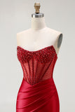 Red Strapless Mermaid Beaded Corset Prom Dress With Slit