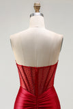 Red Strapless Mermaid Beaded Corset Prom Dress With Slit