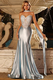 Light Blue Mermaid Satin Corset Strapless Cut Out Prom Dress