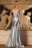 Light Blue Mermaid Satin Corset Strapless Cut Out Prom Dress