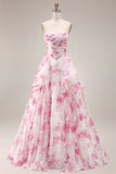 Strapless Basque Waist White Fuchsia Floral A Line Prom Dress