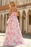 Strapless Basque Waist White Fuchsia Floral A Line Prom Dress