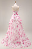 Strapless Basque Waist White Fuchsia Floral A Line Prom Dress
