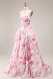 Strapless Basque Waist White Fuchsia Floral A Line Prom Dress