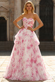 Strapless Basque Waist White Fuchsia Floral A Line Prom Dress