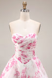 Strapless Basque Waist White Fuchsia Floral A Line Prom Dress