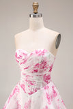 Strapless Basque Waist White Fuchsia Floral A Line Prom Dress