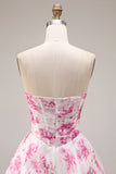 Strapless Basque Waist White Fuchsia Floral A Line Prom Dress