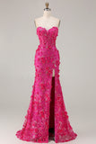 Sweetheart Fuchsia Mermaid Appliqued Prom Dress With Slit