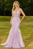 Purple 3D Floral Strapless Lace Mermaid Prom Dress