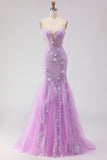 Purple Strapless Lace Mermaid Prom Dress With 3D Flowers