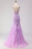 Purple Strapless Lace Mermaid Prom Dress With 3D Flowers