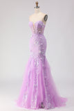 Purple Strapless Lace Mermaid Prom Dress With 3D Flowers