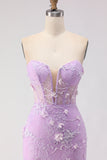 Purple Strapless Lace Mermaid Prom Dress With 3D Flowers
