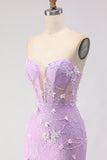 Purple Strapless Lace Mermaid Prom Dress With 3D Flowers