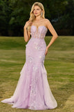 Purple 3D Floral Strapless Lace Mermaid Prom Dress