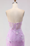 Purple Strapless Lace Mermaid Prom Dress With 3D Flowers